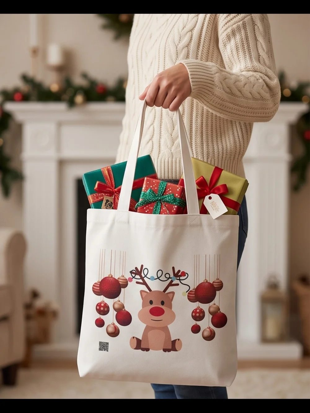 Canvas Holiday Reindeer Tote Bag  With Music When You Scan Qr On Bag,Cream